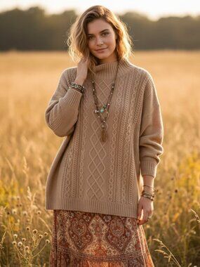 NEW Loft 16W 18W Tan Camel Cable Sweater Mock Minimalist Scandi Neutral Mod